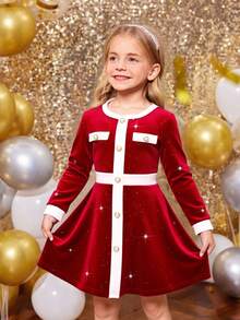 SHEIN Kleine Mädchen Kleid - eine Kombination aus retro, süß, modisch und elegant. Ein glänzendes paillettenverziertes Samtkleid mit kontrastierenden Farbflächen und langen Ärmeln, mit funkelnden herzförmigen Pailletten. Ein lässiges, simples und elegantes Kleid, geeignet für die Hochzeitssaison, damenhaft für Jungen, Herbst- und Winterstil, geeignet für Weihnachten, Partys, den Alltag, Geburtstagskleider, Prinzessinnenoutfits, Schwester-Schwester-Matching-Styles. - Rot - Übersicht 12