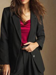 BizChic 2025 Autumn/Winter New Black Notched Collar Single-Breasted Pleated Waist Culottes Suit Jacket, Women Elegant Urban Commuter Daily Casual Romantic 90s Christmas New Year Outfit, Thanksgiving Party Beach Graduation Fashion Versatile Suitable For Wedding Guest, Host, Date, Party, Concert, Brunch, Airport
