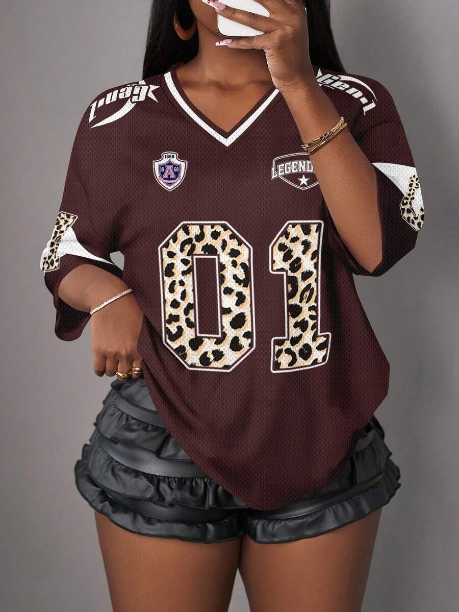 Slaydiva Plus Size Leopard Print Letter & Number Graphic V-Neck Casual Loose T-Shirt, Suitable For Summer, Oversized Leopard Jersey For Women Football Women Brown Jersey - Multicolor - View 1