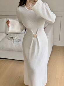 Feyla Women's Solid Color Round Neck Metal Decor Flare Sleeve Extra Long Knit Dress Autumn Winter Clothes For Women - White - View 2