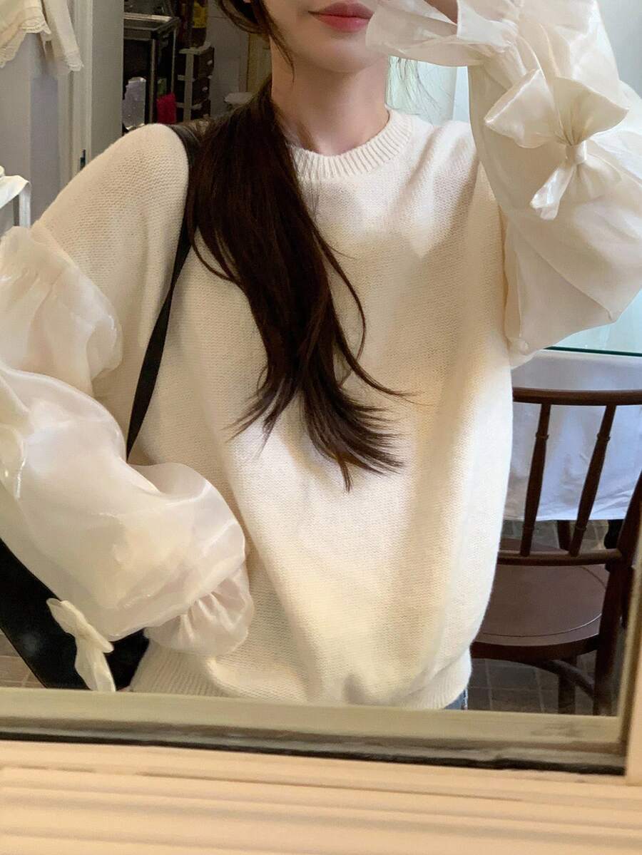 DAZY Women's Casual Solid Color Patchwork Bow Design Pullover Knit Sweater, Suitable For Autumn & Winter