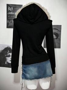 SHEIN ICON 女士休闲复古街头风格水洗效果树枝和字母图案连帽夹克，修身廓形，适合秋季复古、性感、可爱、Y2K、椰子女孩、波西米亚风、嬉皮士、音乐节、秋冬 - 黑色 - 查看 2