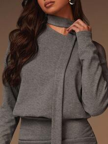 Athîral 女式条纹不对称肩部褶饰长袖休闲迷你连衣裙 - 灰色 - 查看 5