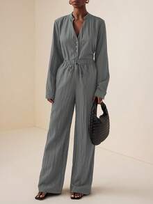 Vesra Casual Outfit - V-Neck Cinched Waist Blouse And Wide Leg Pants Blouse And Pants Set - Grey - View 4
