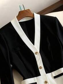 Elenzga Women's Casual Elegant Color Block Satin Ribbon Decor Long Sleeve Shirt + Pleated Mid-Length Skirt 2 Pieces Set, Fashion For Commute, Holiday, Date Fall Cloth For Women