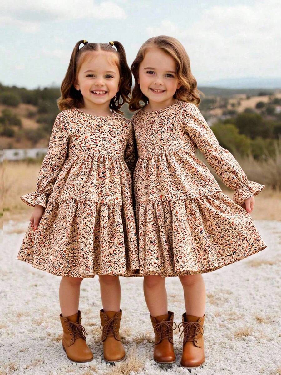 SHEIN Emery Rose Kids 年轻女孩碎花圆领泡泡袖修身休闲蛋糕 A 字连衣裙，秋冬，日常穿着，学校