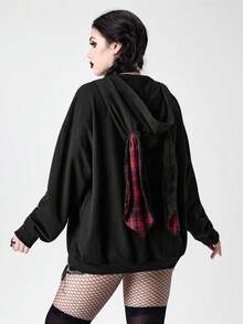 ROMWE Grunge Punk 秋季女装亚文化格子拼接金属环人造毛皮拼接宽松长袖拉链卫衣 - 黑色 - 查看 3