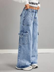 Pantalon cargo en jean bleu ample à taille haute et jambes larges avec boucle, style Y2K délavé clair pour préadolescentes. Pantalon streetwear vintage confortable et polyvalent, convenant aux filles de 8 à 12 ans, pour l'école, la maison et les voyages - Jean bleu - Voir 3
