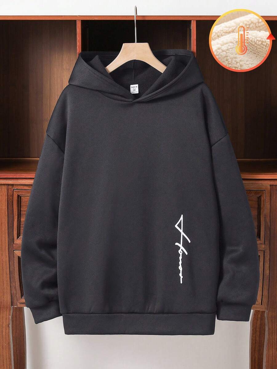 SHEIN 青少年男童单件休闲简约舒适百搭保暖超高性价比简约手写文字印花针织连帽卫衣，适合返校季；秋冬季、感恩节、圣诞节、冬季、冬季、舒适秋冬款式，卫衣 - 灰色 - 查看 1
