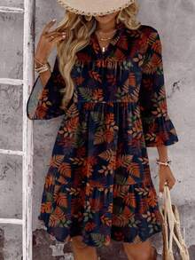 EMERY ROSE Vestido corto casual con estampado floral para mujer talla grande, patrón de flores retro, adecuado para el verano - Multicolor - Ver 1