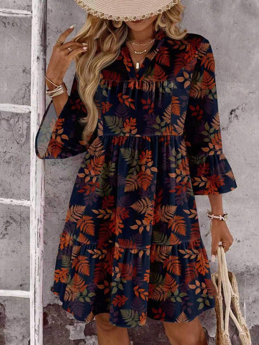 EMERY ROSE Vestido corto casual con estampado floral para mujer talla grande, patrón de flores retro, adecuado para el verano - Multicolor - Ver 1