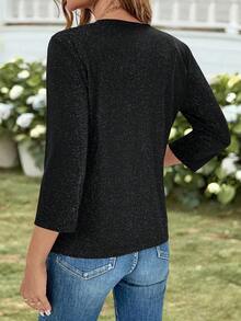 EMERY ROSE Women's Shiny Silver Thread Drape 3/4 Sleeve Lightweight Jacket - Black - View 2