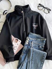 少女休闲百搭度假卫衣，黑色宽松半拉链卫衣，适合秋冬季穿着 - 黑色 - 查看 1