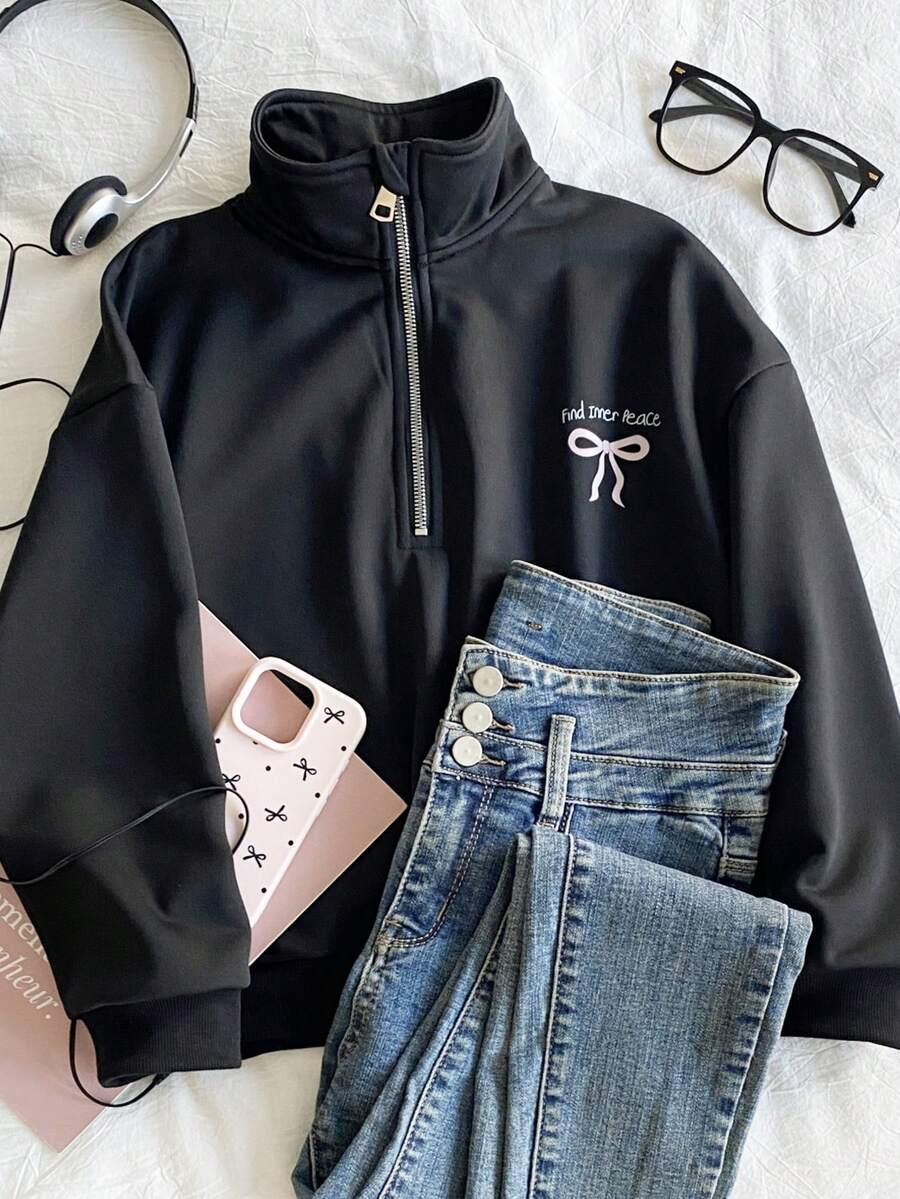 少女休闲百搭度假卫衣，黑色宽松半拉链卫衣，适合秋冬季穿着 - 黑色 - 查看 1