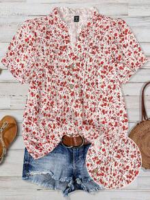 Hourglow Áo cánh tay ngắn cổ chữ V họa tiết hoa nhỏ xinh xắn dành cho nữ cỡ lớn có viền xếp nếp Áo cánh nữ tay ngắn mùa hè Áo mùa hè cỡ lớn Áo sơ mi mùa hè tay ngắn Áo thường ngày mùa hè - Đỏ và trắng - Xem 1