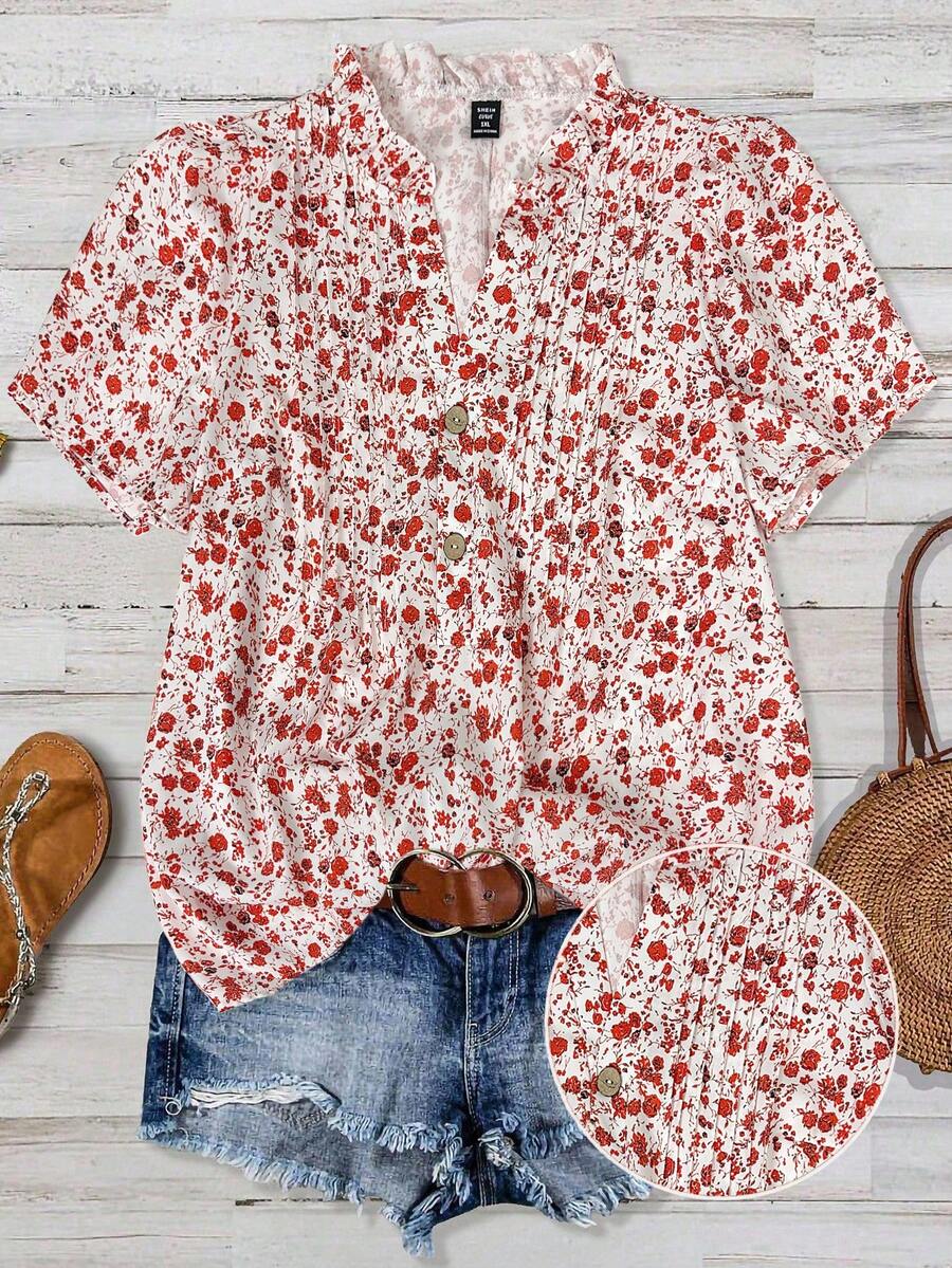 Hourglow Áo cánh tay ngắn cổ chữ V họa tiết hoa nhỏ xinh xắn dành cho nữ cỡ lớn có viền xếp nếp Áo cánh nữ tay ngắn mùa hè Áo mùa hè cỡ lớn Áo sơ mi mùa hè tay ngắn Áo thường ngày mùa hè - Đỏ và trắng - Xem 1