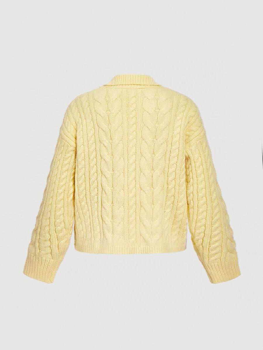 SHEIN MOD Women's Collegiate Style Embroidered Polo Collar Bowknot Knot Textured Yellow Sweater,Office,Work, Knitwear, Butter Yellow Sweater, Yellow Cable Knit Sweater,Fall/Winter - Yellow - View 1