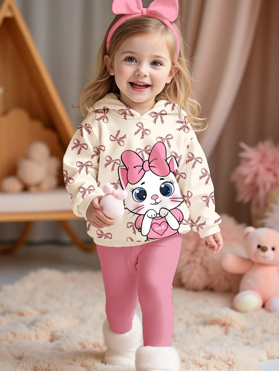 SHEIN 2 件套女婴奶油白色和奶油粉色可爱卡通猫，豹纹蝴蝶结印花保暖厚柔软连帽运动衫和紧身裤套装，适合秋冬日常、居家、度假、校园、舒适季节 - 彩色 - 查看 1