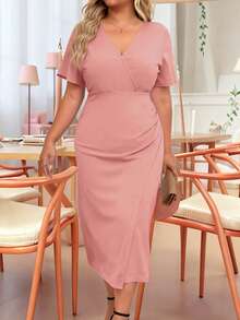 EMERY ROSE Vestido midi elegante de talla grande para mujer con cuello en V, manga corta y unicolor con drapeado - Rosa vieja - Ver 3