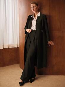 MOTF PREMIUM SIMPLE ELEGANT CONTRAST COLLAR BELTED OVERCOAT - Black - View 7