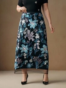 Anewsta 优雅时尚亮片刺绣加大码女式中长裙，适合节日、春夏穿着 - 藍色 - 查看 4