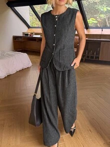 Vivie Lora 2pcs Women Striped Sleeveless Top And Wide Leg Pants Set Lounge Sets For Women - Blue - View 4