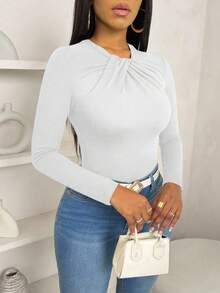 VaVaBold Women's Casual Elegant Bowknot Collar Slim Fitted Ruffled Hem Solid Color Long Sleeve T-Shirt, Fall Women Outfits