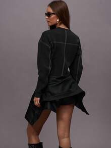 MUSERA 圆领按扣前襟修身腰部撞色缝线针织毛衣，适合冬季夜间外出、街头风、可爱返校季、性感春季穿着。 - 黑色 - 查看 4