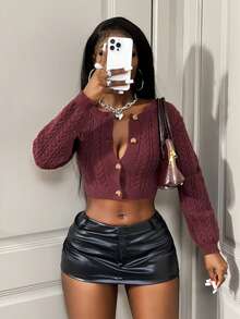 SHEIN BamGlam Women's Cropped Long Sleeve Sweater, Fashionable Midriff-Baring, Casual Outdoor Wear For Autumn/Winter - Brown - View 7