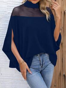 EMERY ROSE 女士时尚高领网眼拼接透视开衩蝙蝠袖宽松衬衫 - 藏蓝色 - 查看 7