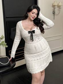 Vibekara 法式优雅蝴蝶结装饰U领收腰修身长袖针织连衣裙，秋冬