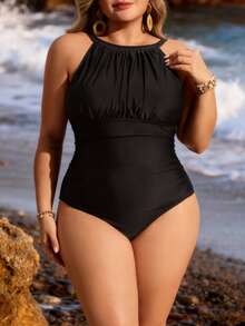 Swim Lushoire Đồ bơi liền thân màu trơn nhún bèo cỡ lớn, thích hợp cho kỳ nghỉ biển mùa hè của phụ nữ - màu đen - Xem 1