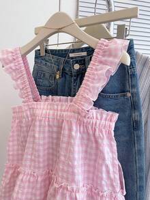 SHEIN PETITE CURVE 大码女式荷叶边格子短袖衬衫 - 淺粉色 - 查看 8