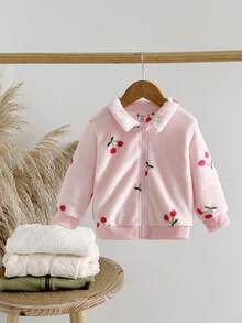 SHEIN Baby Girl Cherry Pattern Long Sleeve Zip-Up Fleece Jacket, Autumn/Winter