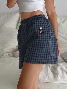 DAZY Quần ngủ ngắn họa tiết kẻ caro thêu hoạt hình, đồ ngủ thường ngày - Màu xanh hải quân - Xem 5