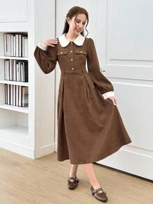 少女灯芯绒拼色彼得潘领休闲长袖连衣裙 - 棕色 - 查看 3