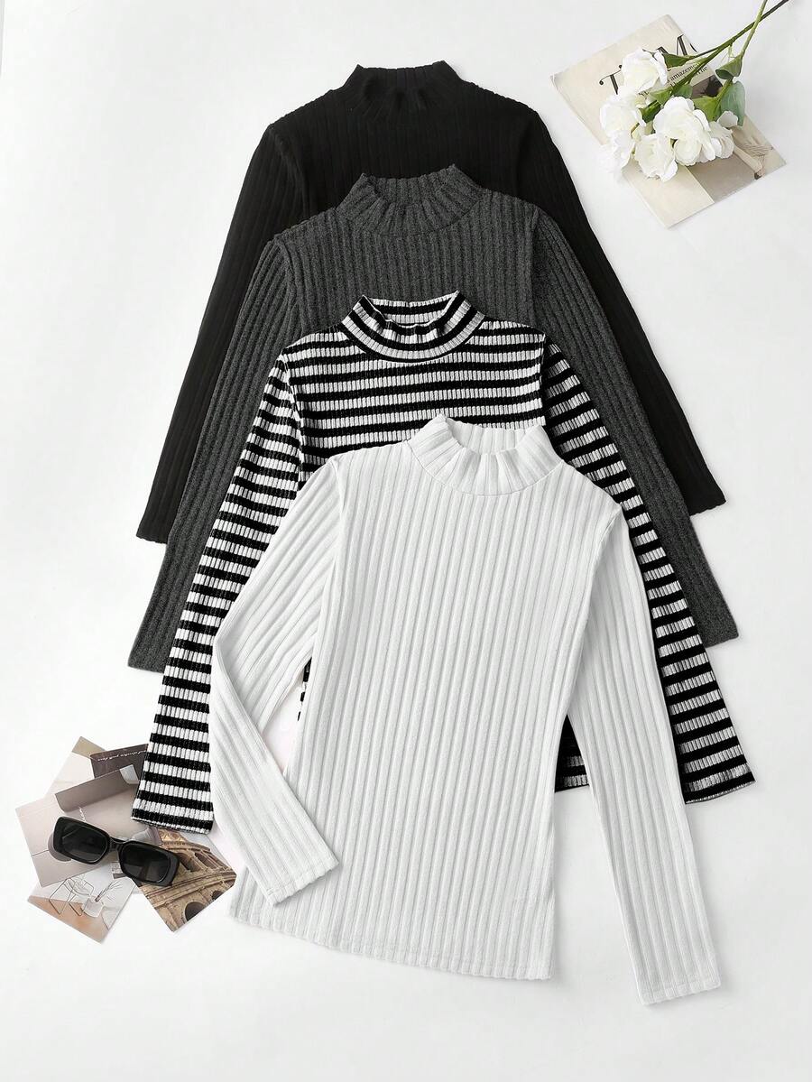 EMERY ROSE Bộ 4 áo thun tay dài cổ cao họa tiết đầu đông dành cho nữ mùa xuân - Nhiều màu - Xem 1