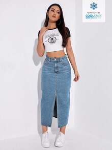 EURMUSE 女式高腰口袋开衩长款直筒休闲牛仔超长裙 - 淺藍色 - 查看 3