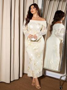 Elaquor 大码女式花卉提花褶饰露肩长袖修身优雅连衣裙 - 杏色 - 查看 5