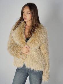 SHEIN ICON 女式人造毛皮夹克，性感前卫的西式风格，适合派对和日常穿着，秋冬季 - 卡其色 - 查看 5