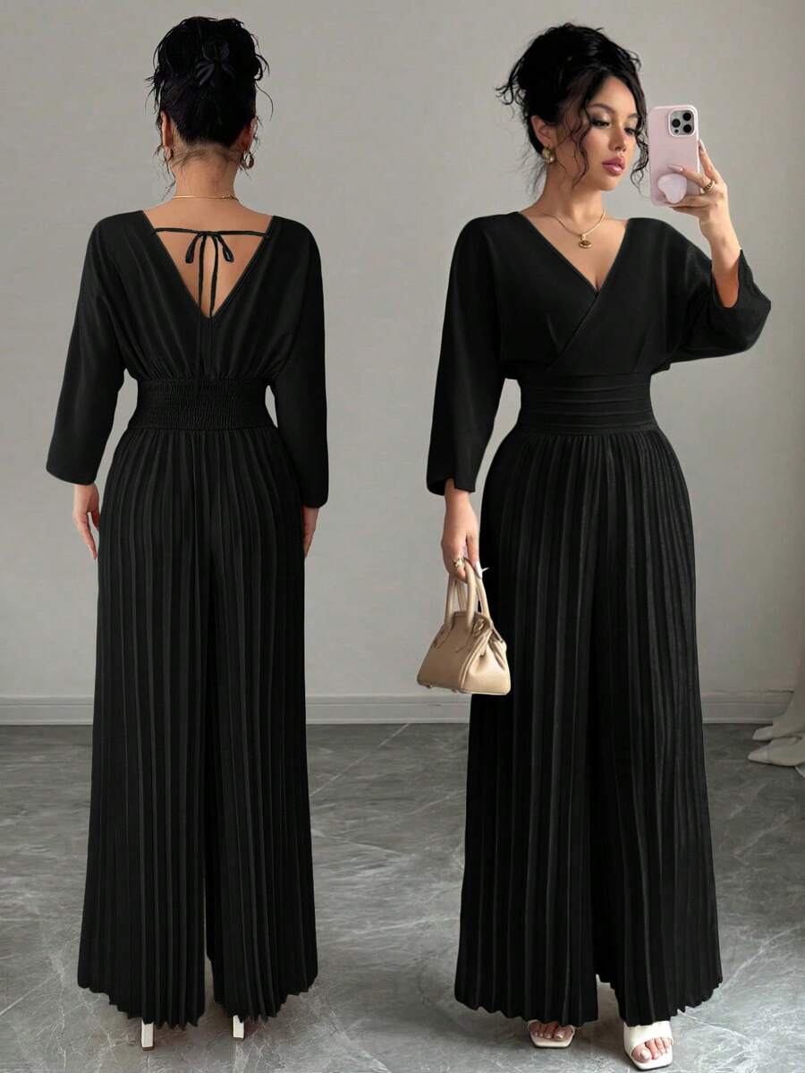 Selianne Bộ đồ liền thân ống rộng xếp ly tay cánh dơi hở lưng màu trơn thanh lịch dành cho nữ - màu đen - Xem 1