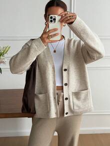Livesso Áo khoác cardigan tay dài cài nút túi trước màu trơn dành cho nữ, mùa thu - Màu be - Xem 3