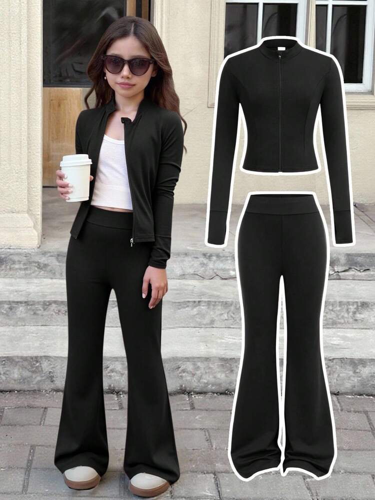 Conjunto de 2 piezas para niñas preadolescentes con top de manga larga de unicolor y pantalones acampanados, adecuado para otoño/invierno, uso diario - Negro - Añade 10