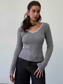 Aloruh Suéter de punto de manga larga gris sólido con ribete de contraste, minimalista, de otoño/invierno, informal - Gris - Ver 1