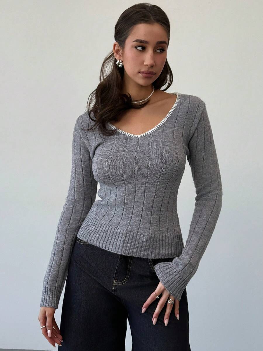 Aloruh Suéter de punto de manga larga gris sólido con ribete de contraste, minimalista, de otoño/invierno, informal - Gris - Ver 1