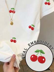 Resyla Áo thun tay ngắn thêu họa tiết quả anh đào thường ngày dành cho nữ, mùa hè - trắng - Xem 5