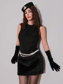 Poshira Women's Solid Color Round Neck Furry Hem Sleeveless Fashion Mini Dress - Black - View 7