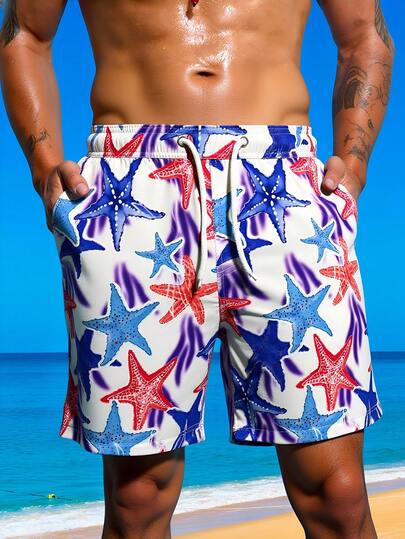 Manfinity VDAYZ Pantalones cortos de playa casuales y de moda con estampado de estrella de mar para hombres