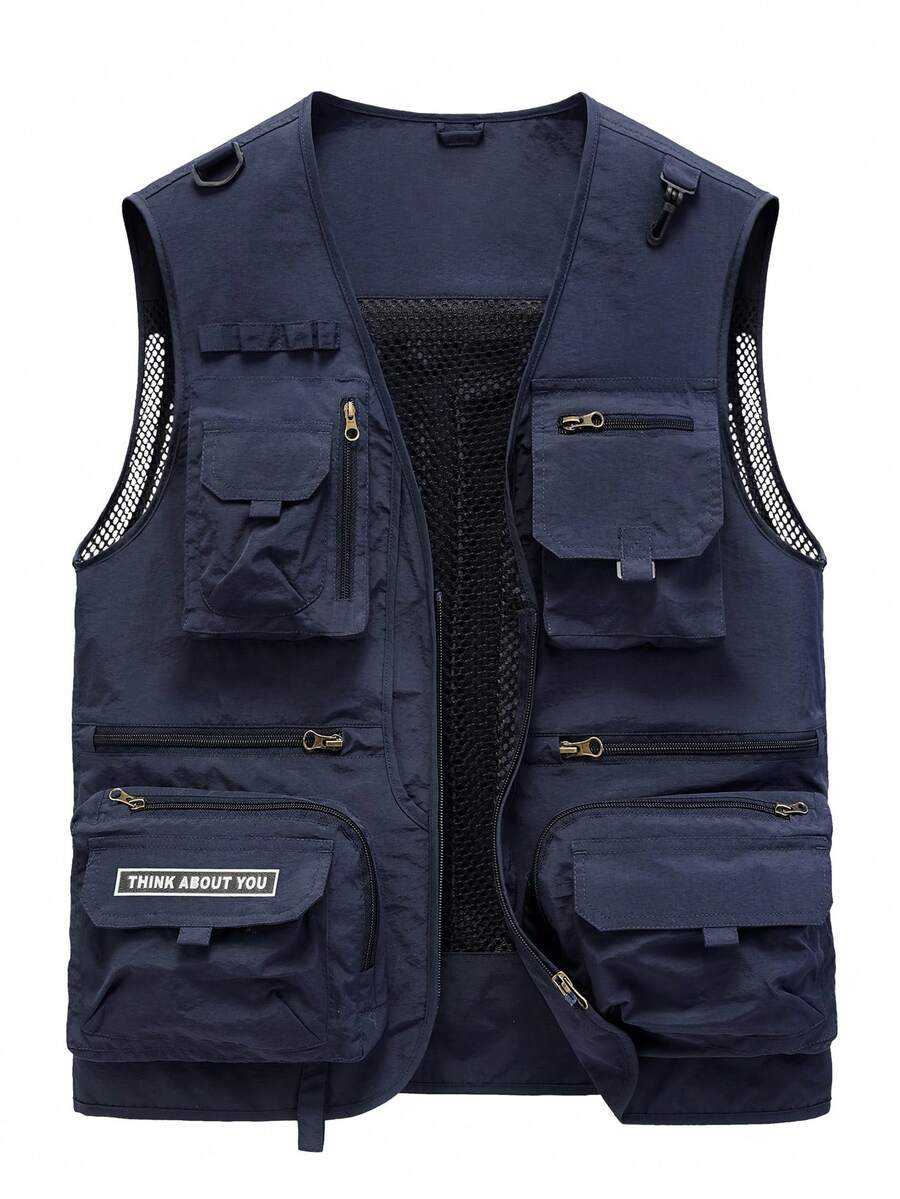 Manfinity Homme 男士网眼可拆卸工装背心外套，秋季款 - 藍色 - 查看 1