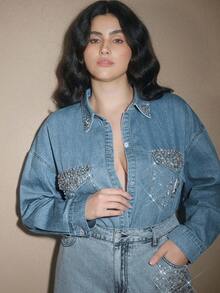 Anewsta Áo khoác denim xanh thường ngày đính kim cương thủ công Y2K Fashion dành cho nữ - Màu xanh lam - Xem 1